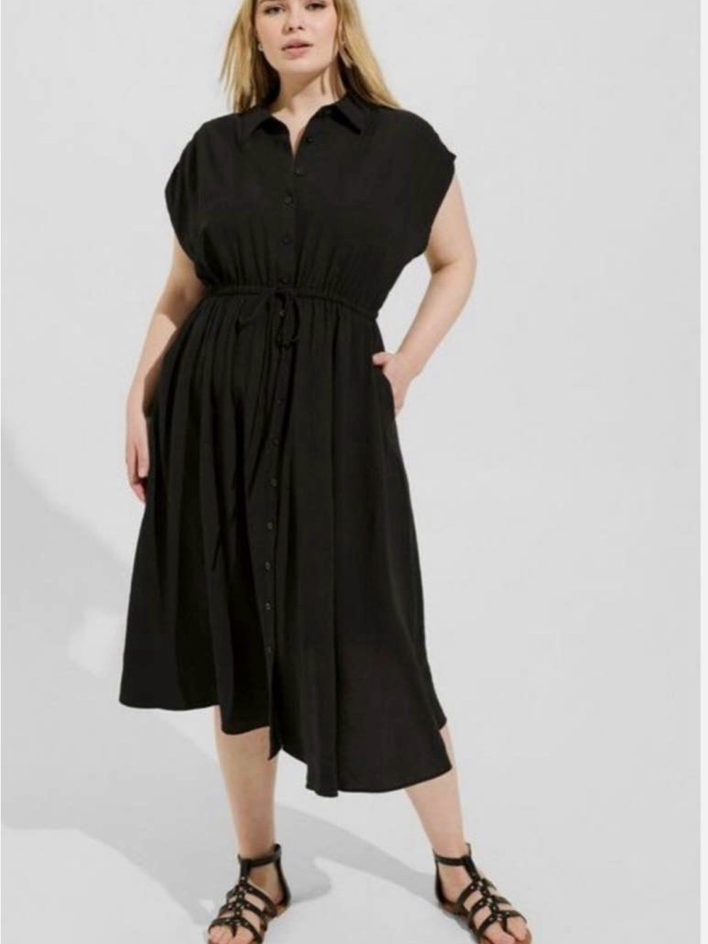 torrid NWT Black Dolman Midi Button-Front Dress with Tie Waist - Picture 5 of 9